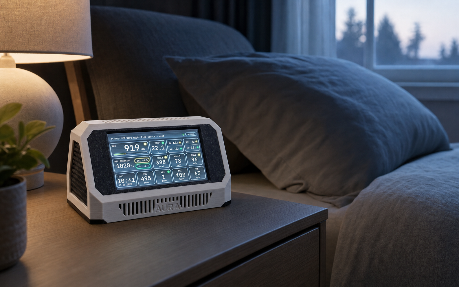 Aura AQ 4.3-inch air-quality monitor on a bedside table at dawn