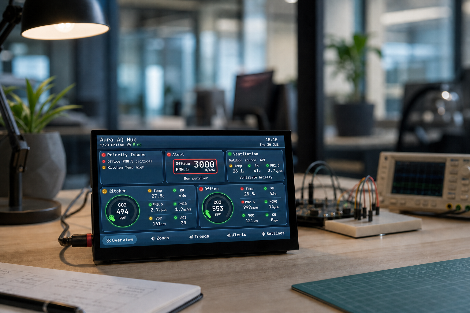 Aura AQ Hub touchscreen prototype showing air quality across two rooms